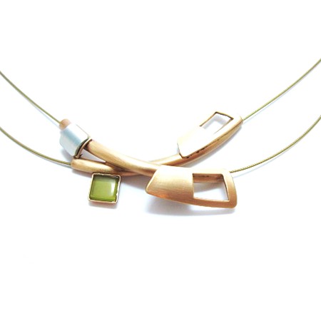 Brushed Gold Two Tube Wire Necklace with Green Catsite - Click Image to Close